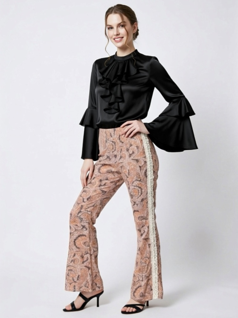 Golden Hawk Paisley Boho Flare Pants Small Crochet Lace Festival Hippie Chic